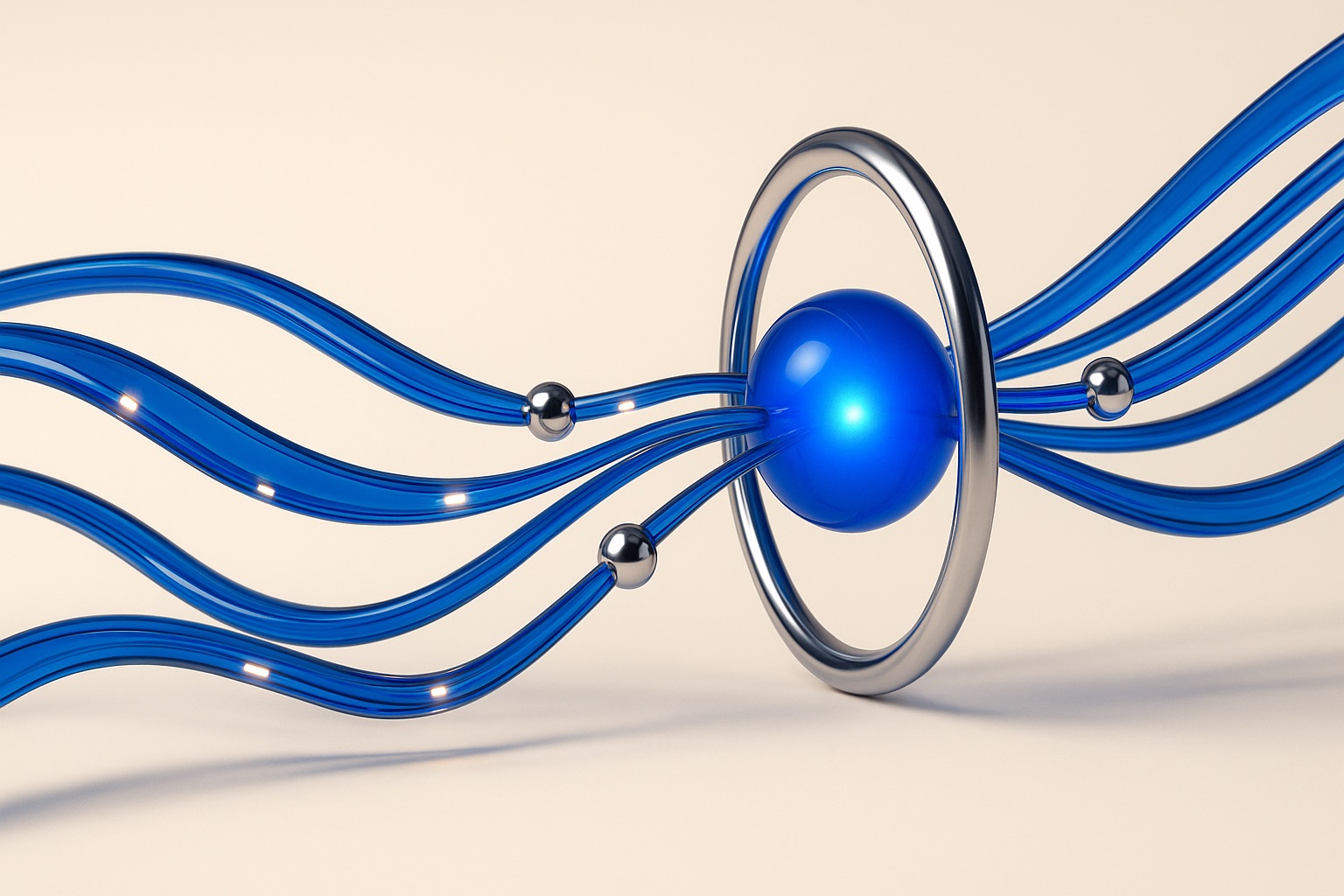 Abstract render: blue glass streams converging through a chrome ring into a glowing core