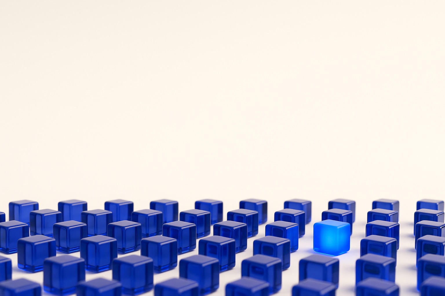 Render: field of blue glass cubes, one glowing — modular infrastructure